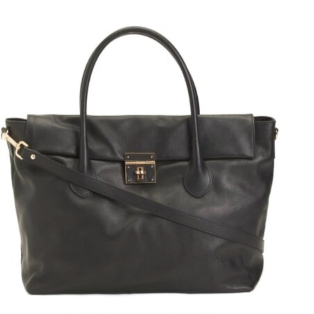 CLAUDIA Black Made In Italy Leather Tote With Flap And Twist Lock Closure